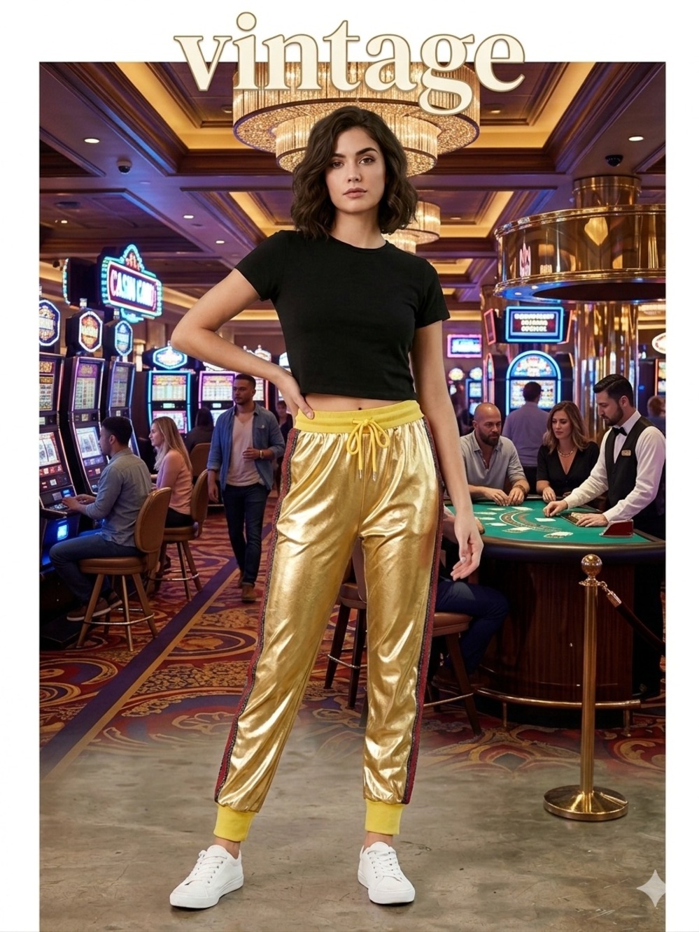 Gold Metallic Track Joggers with Red Trim - Womens